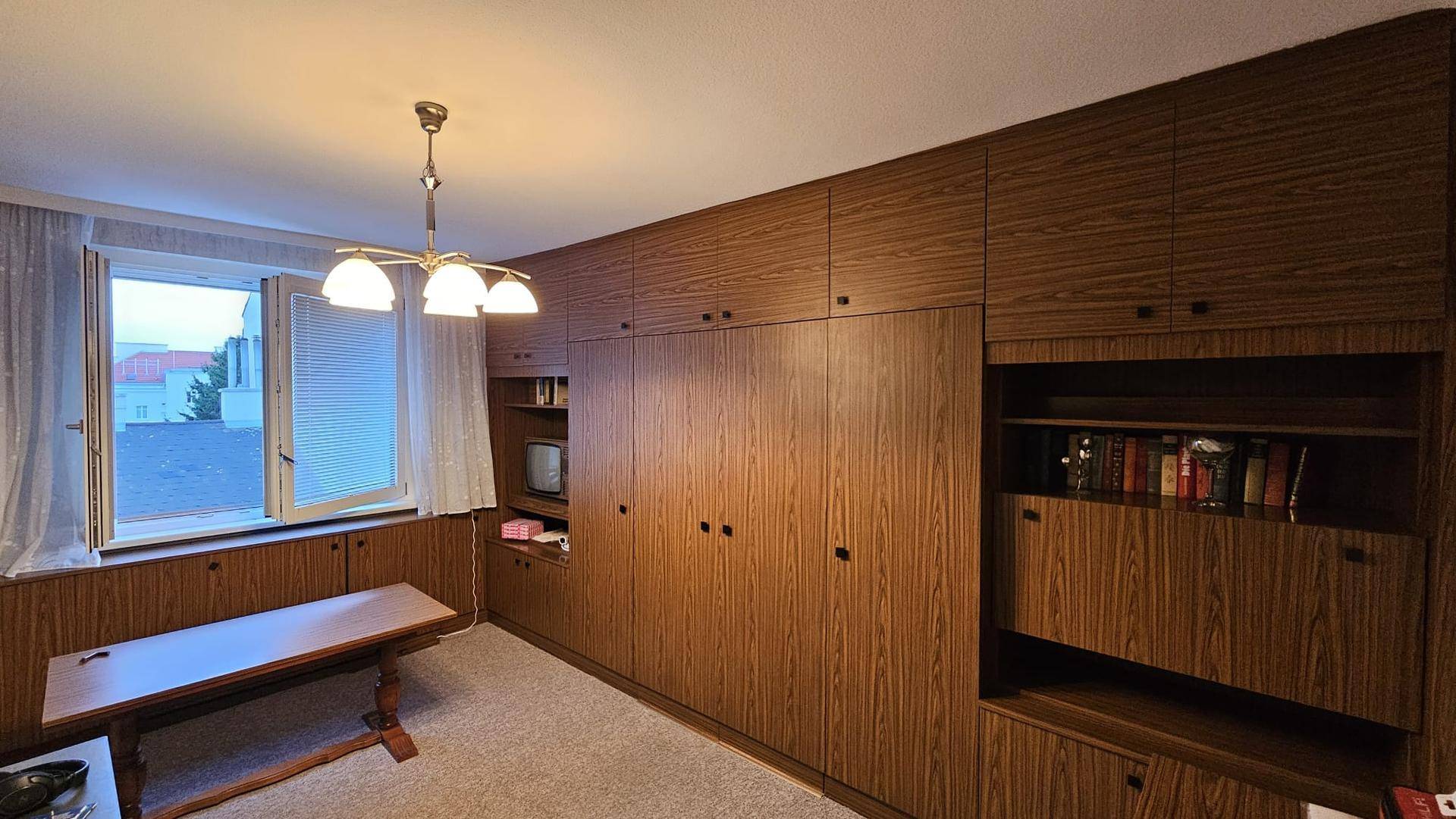 Wohnzimmer mit umfangreicher Holzvertäfelung, Einbauschränken und einem Fenster mit Blick nach draußen.