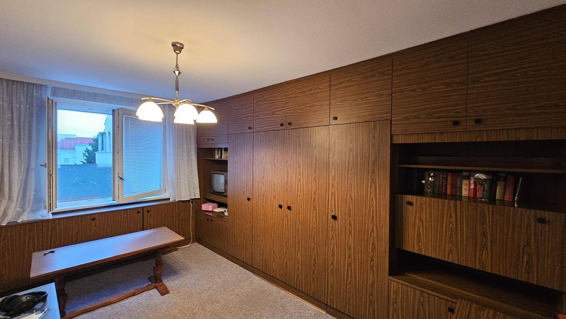 Wohnzimmer mit umfangreicher Holzvertäfelung, Einbauschränken und einem Fenster mit Blick nach draußen.