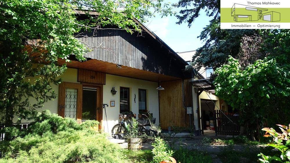 Eingangsbereich des Hauses mit Holzelementen und umgebender Vegetation.