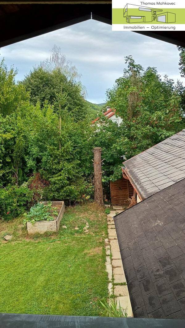 Blick aus dem Fenster auf einen grünen Garten mit Rasenfläche und Hochbeet.