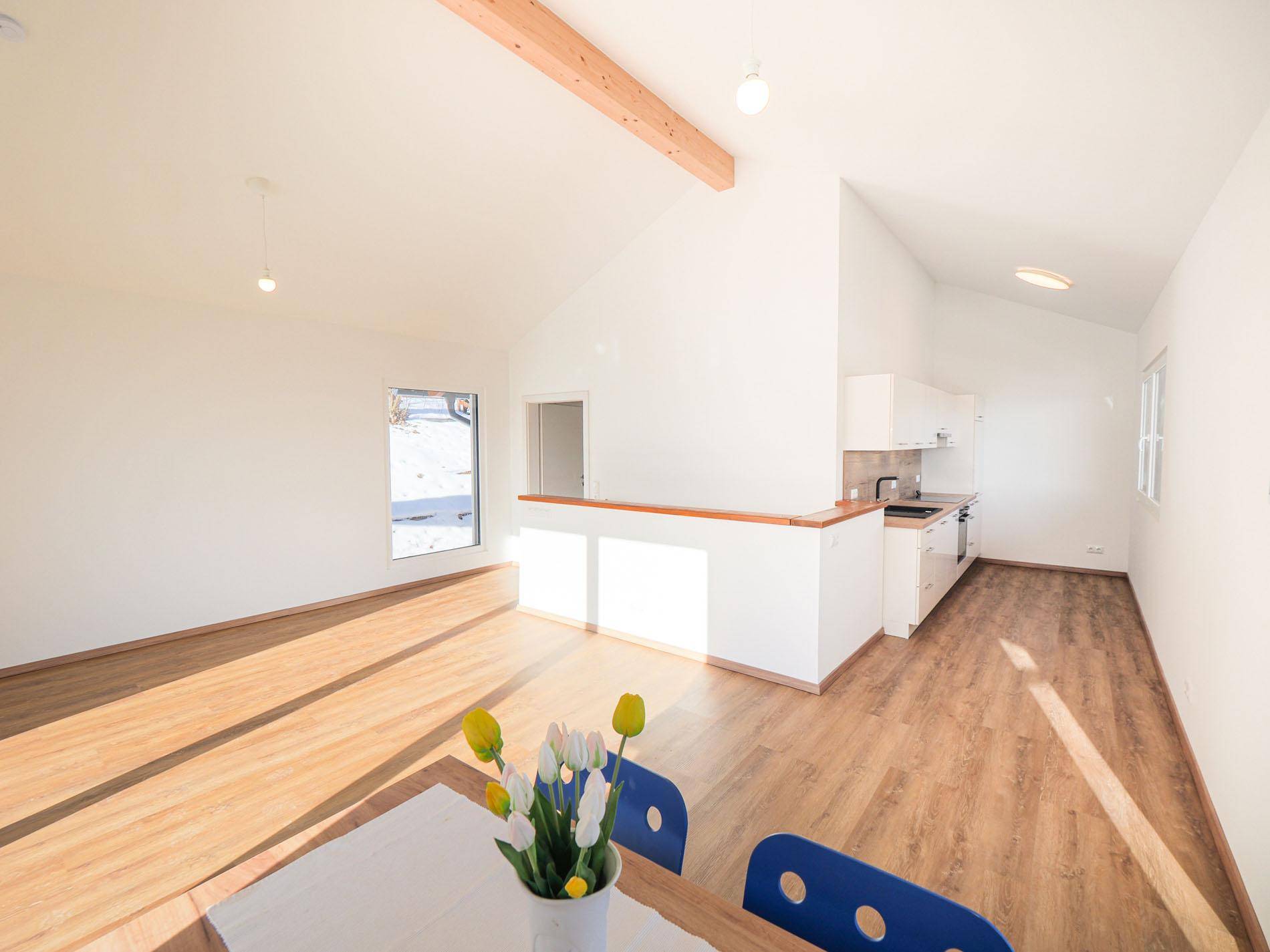 Offener Wohn-Essbereich mit integrierter Küche, Holzboden und viel natürlichem Licht.