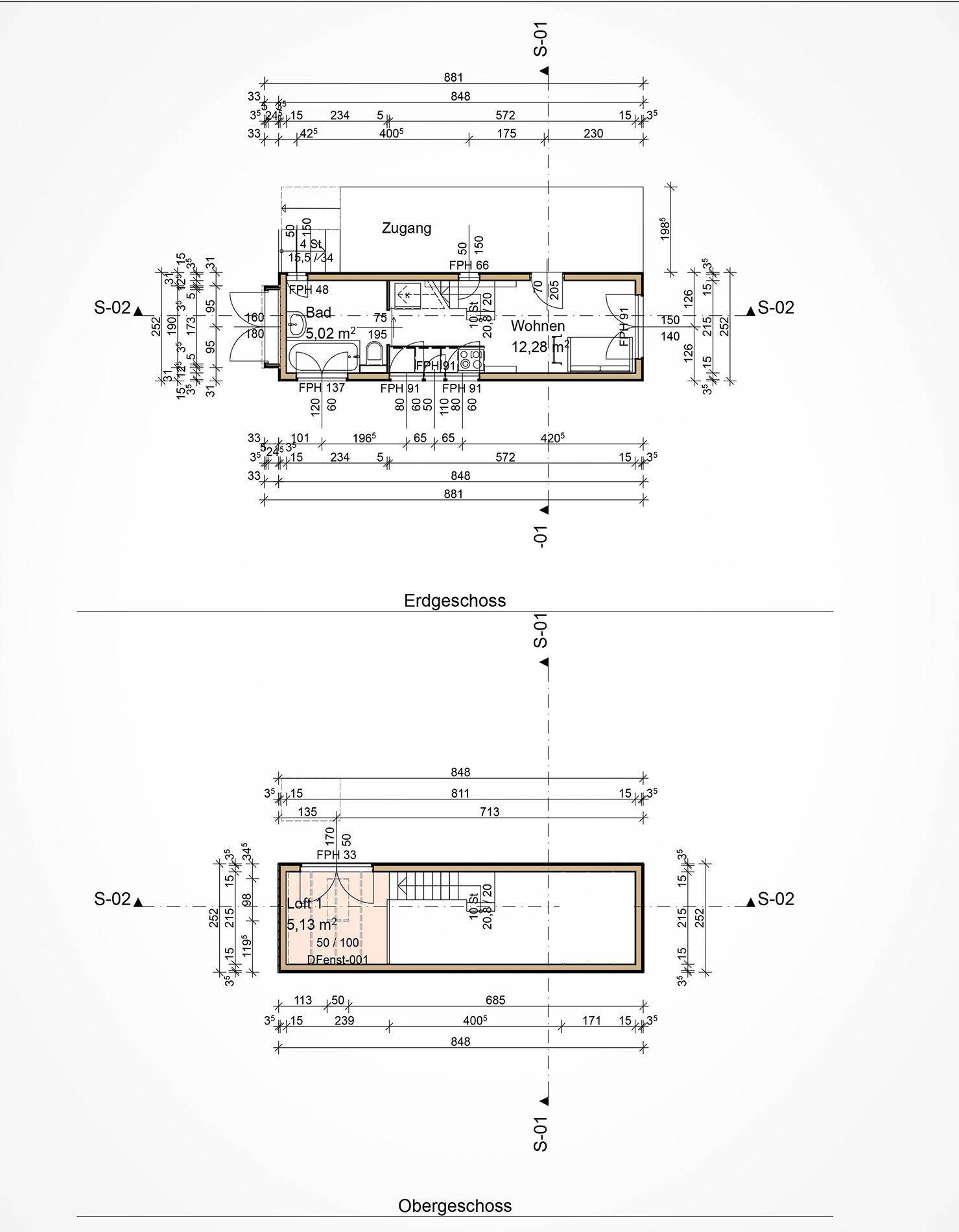 Grundriss des Tiny Houses mit Erdgeschoss und Obergeschoss, inklusive Raumaufteilung.