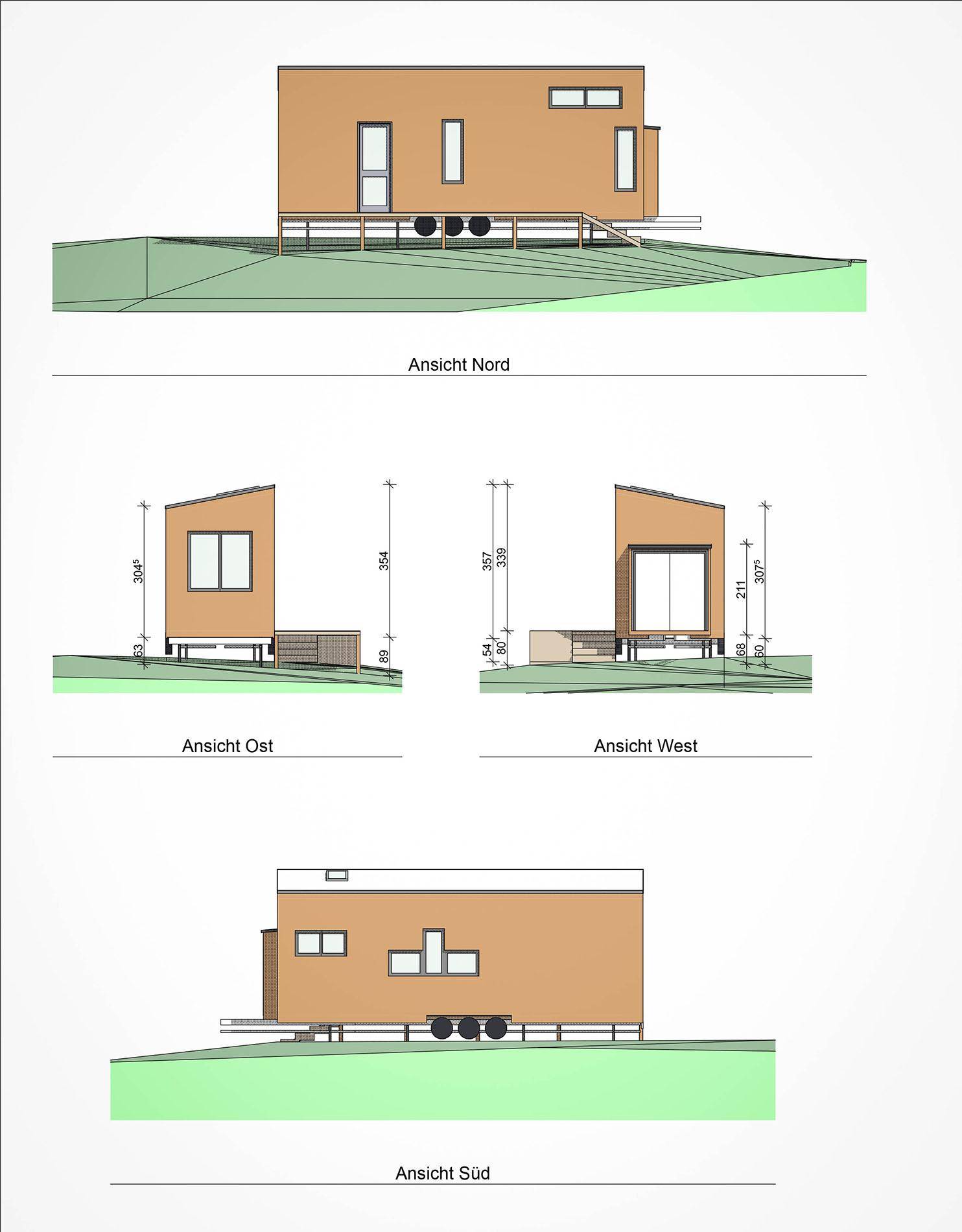 Technische Ansichten des Tiny Houses von Nord, Ost, West und Süd mit Maßen.