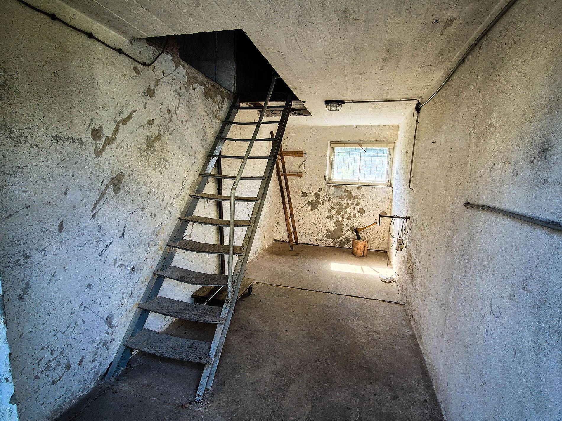 Unausgebauter Kellerraum mit einer Metalltreppe und einem kleinen Fenster.