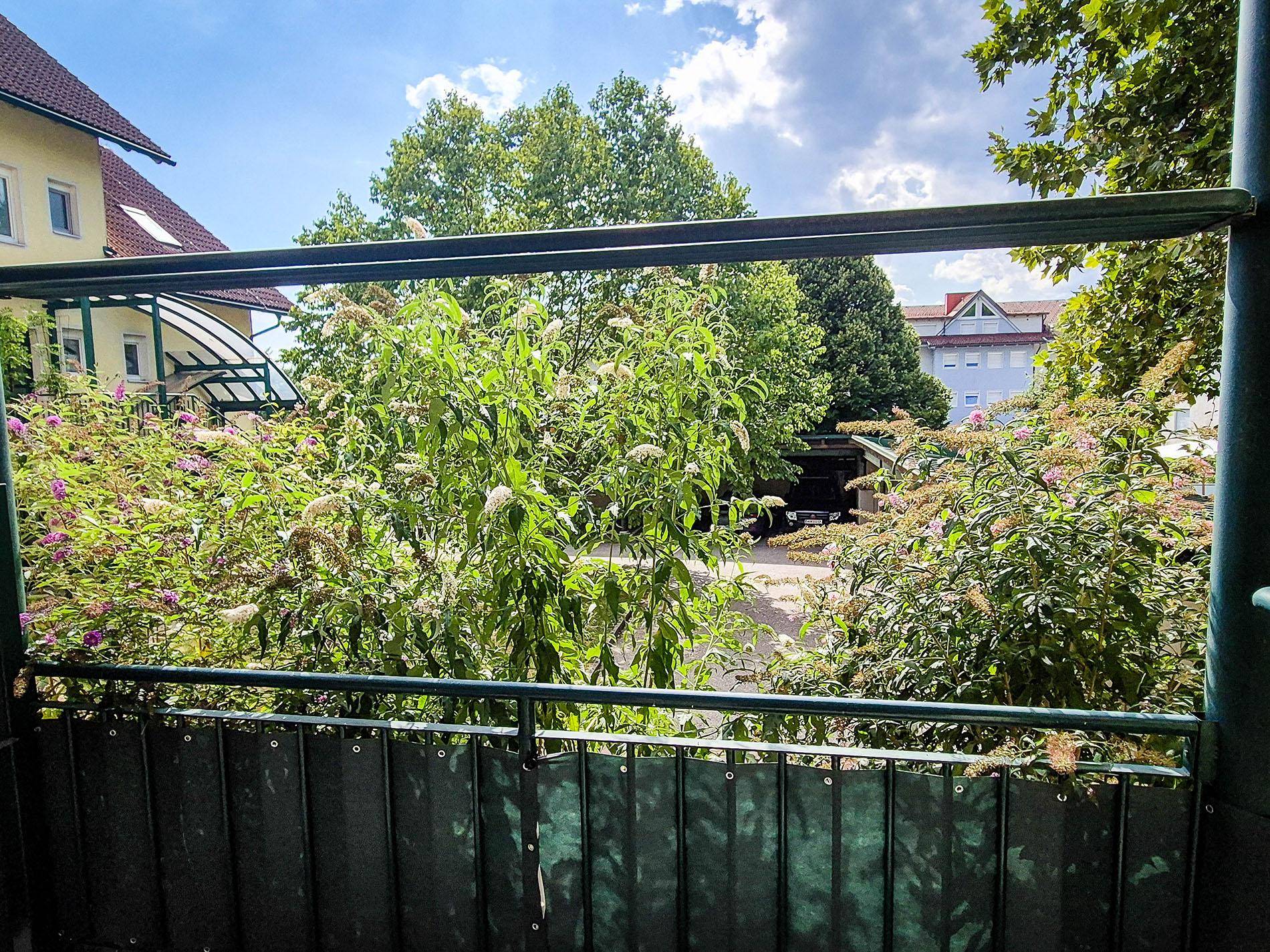Blick von einem Balkon über grüne Büsche und Bäume auf umliegende Gebäude.