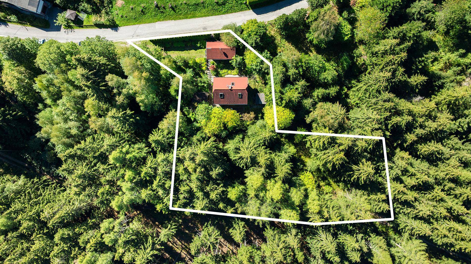 Luftaufnahme des Grundstücks mit zwei Gebäuden, umgeben von Wald und markierter Fläche.