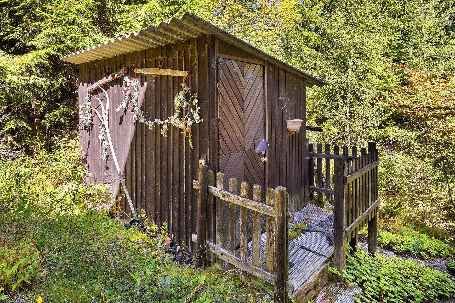 Kleiner rustikaler Holzschuppen mit Wellblechdach, umgeben von dichter Vegetation im Garten.