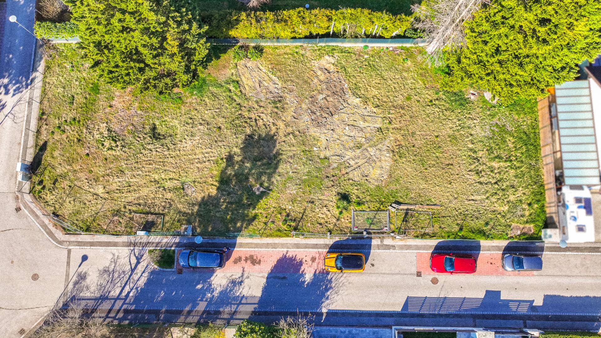 Detailansicht aus der Vogelperspektive auf das unbebaute Grundstück mit angrenzender Straße und Bäumen.