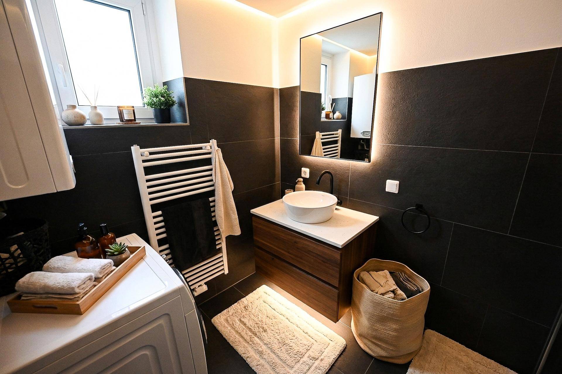 Modernes Badezimmer mit dunklen Fliesen, Waschtisch und beheiztem Handtuchhalter.
