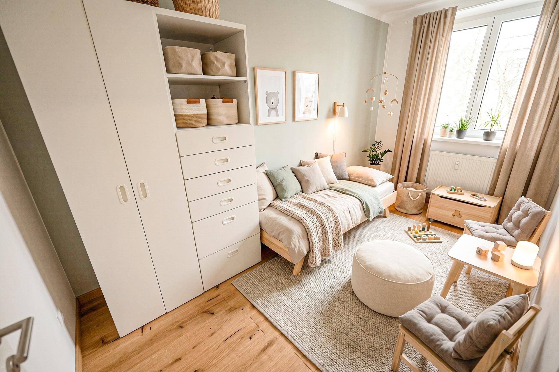 Helles Kinderzimmer mit Holzboden, großem Fenster und praktischem Stauraum.