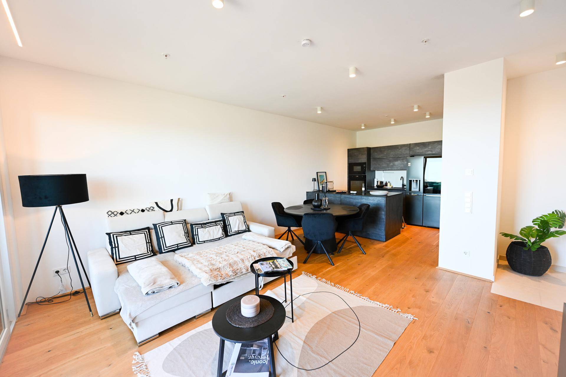 Geräumiger Wohnbereich mit Sofa, Esstisch und offener Küche in modernem Stil.