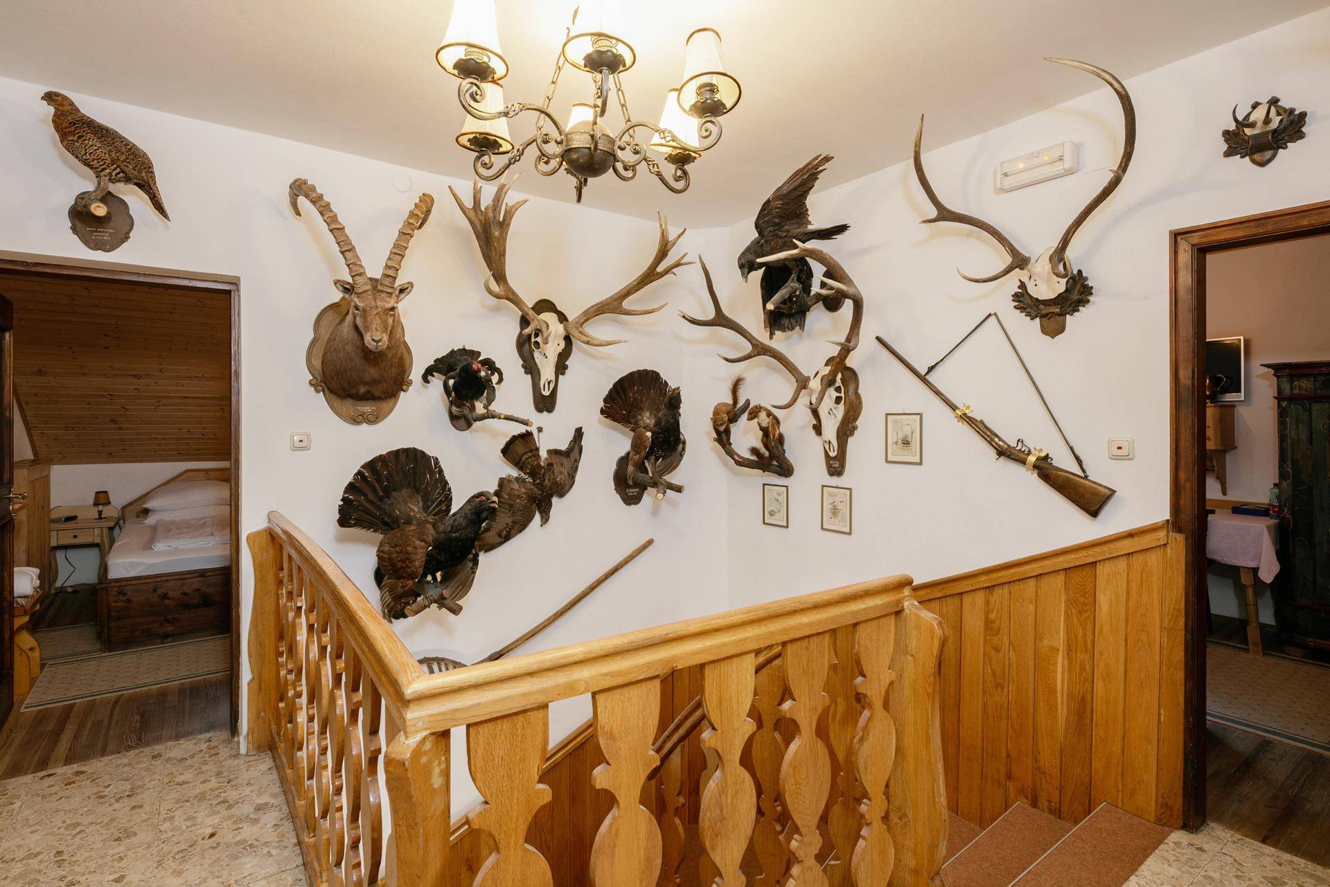 Traditioneller Flur mit Holztreppe und Jagdtrophäen an den Wänden, der zu weiteren Räumen führt.