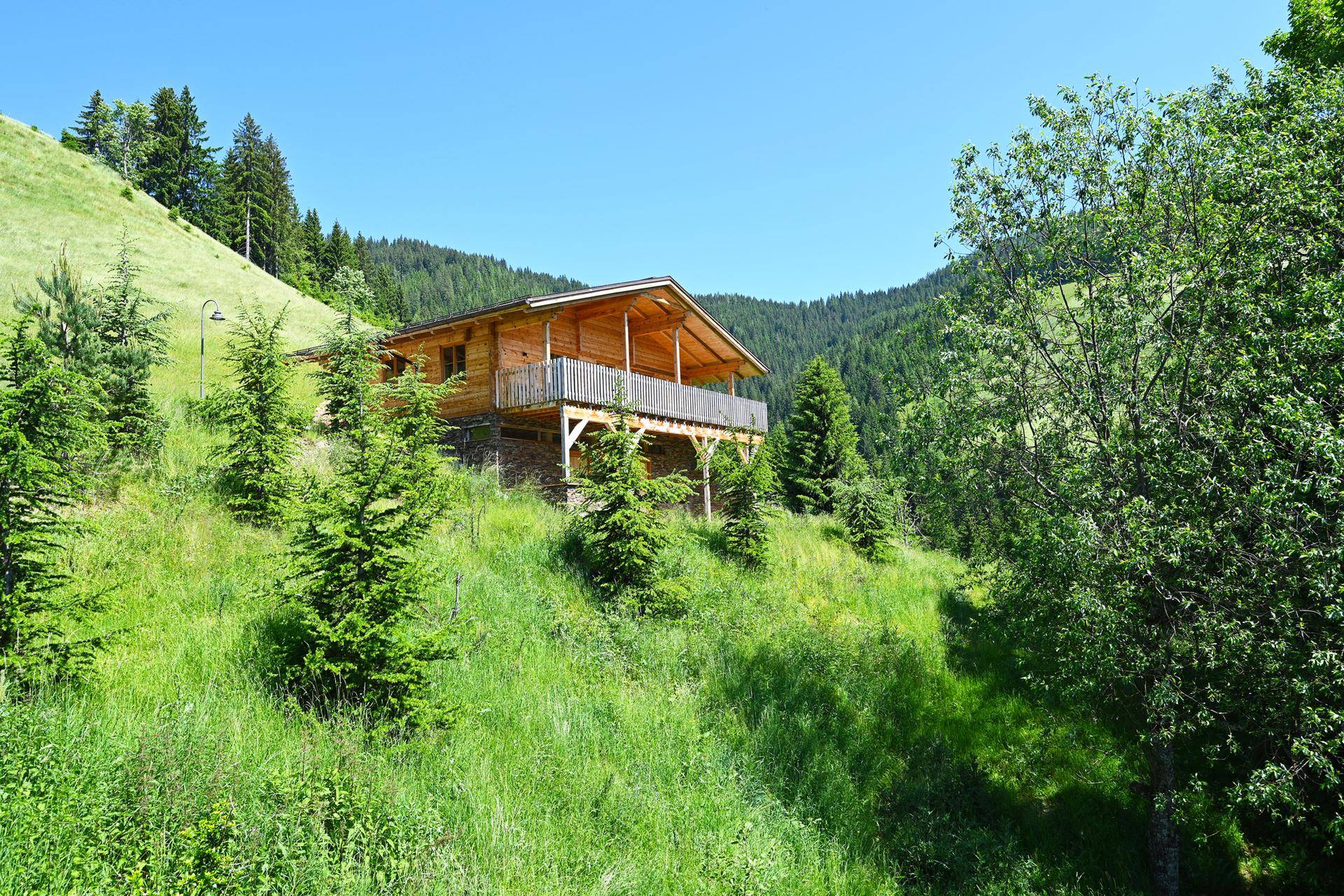 Charmantes Holzchalet auf einem grünen Hügel mit Balkon und umgeben von üppiger Natur und Wald.