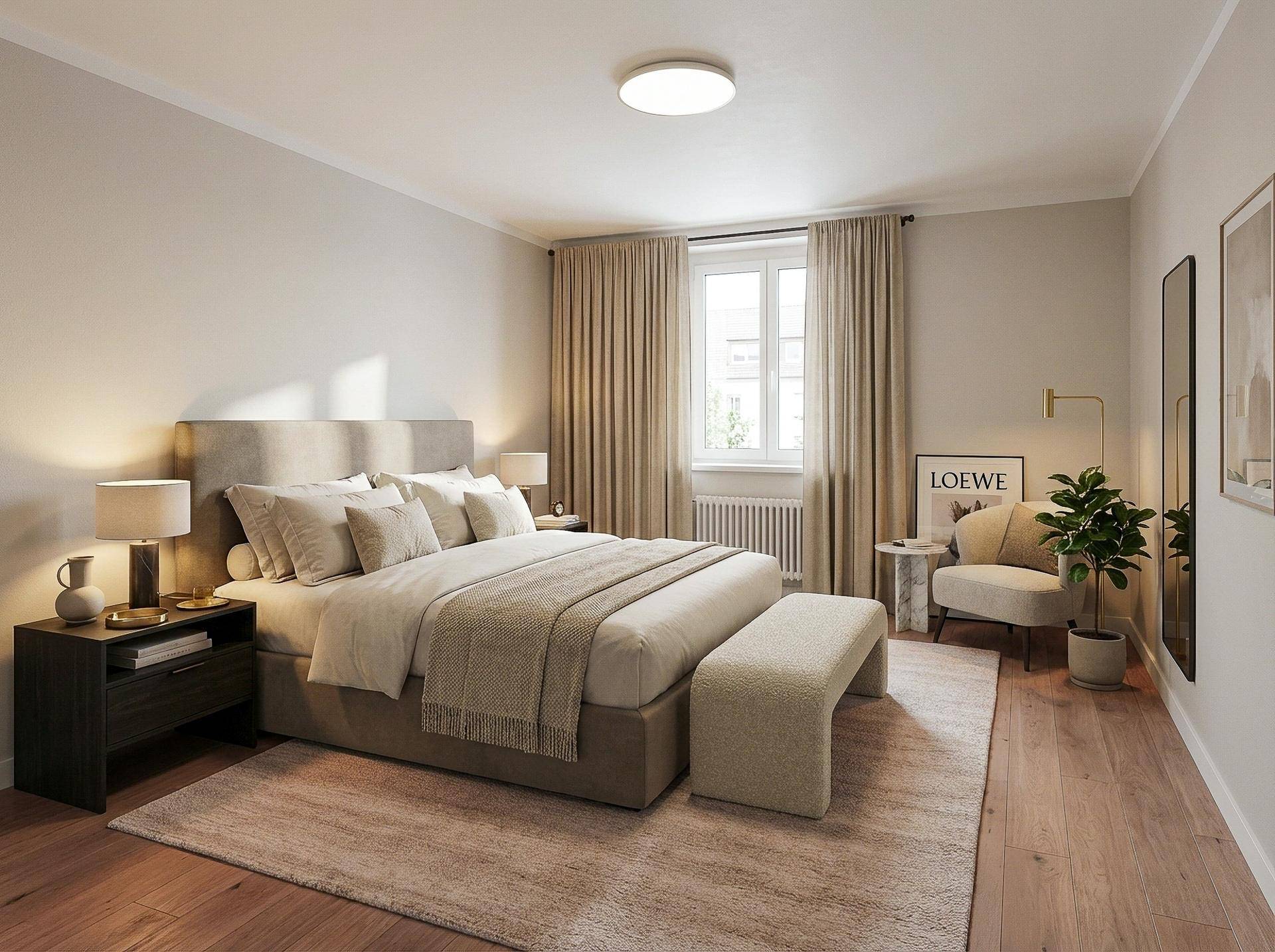 Geräumiges Schlafzimmer mit Doppelbett, Holzboden und großem Fenster für viel Tageslicht.