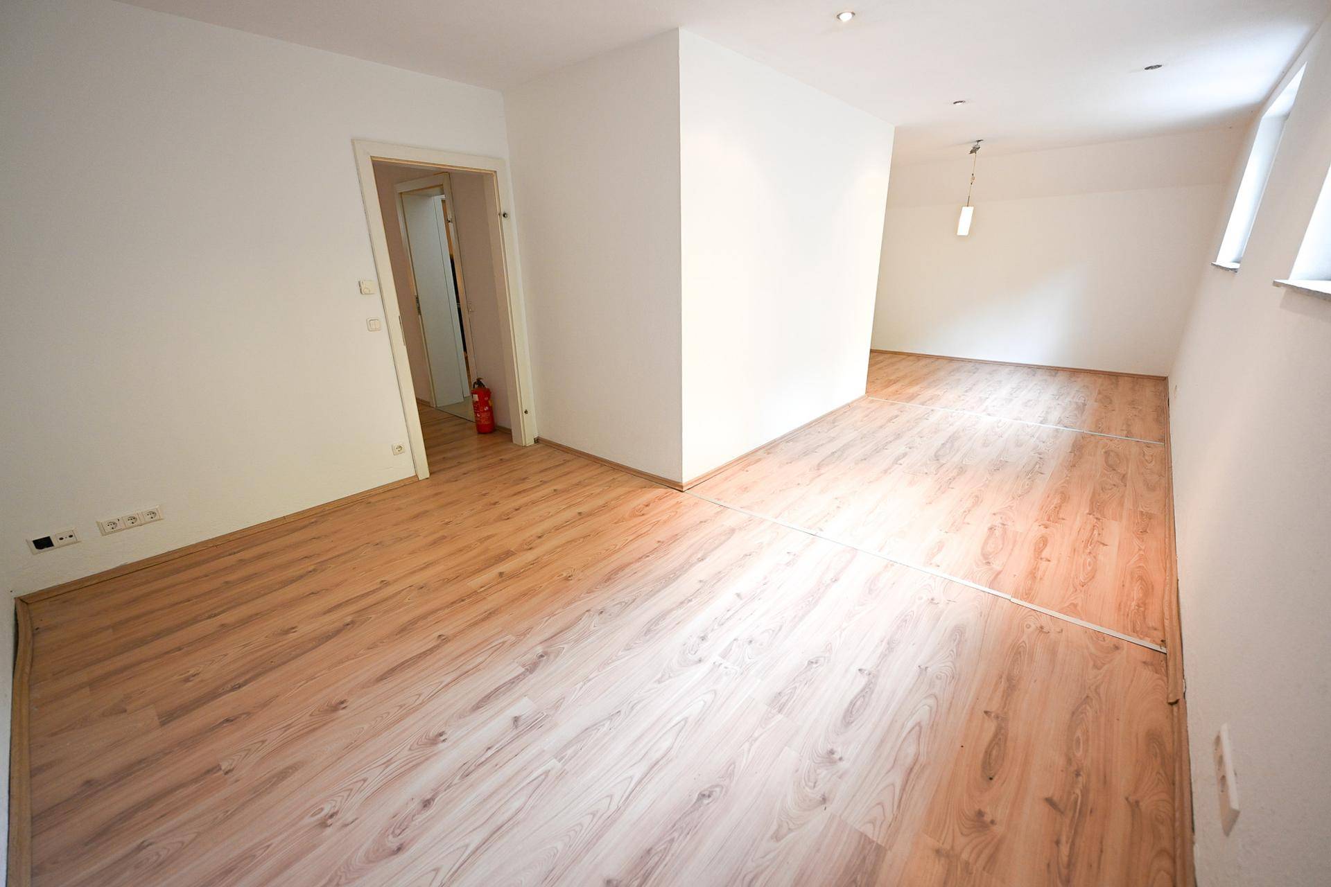 Großer, heller Raum mit Laminatboden und vielseitigen Nutzungsmöglichkeiten.