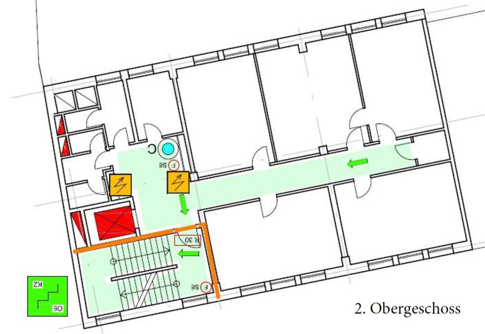 Grundriss des zweiten Obergeschosses mit klarer Raumaufteilung und Zugang zum Treppenhaus.