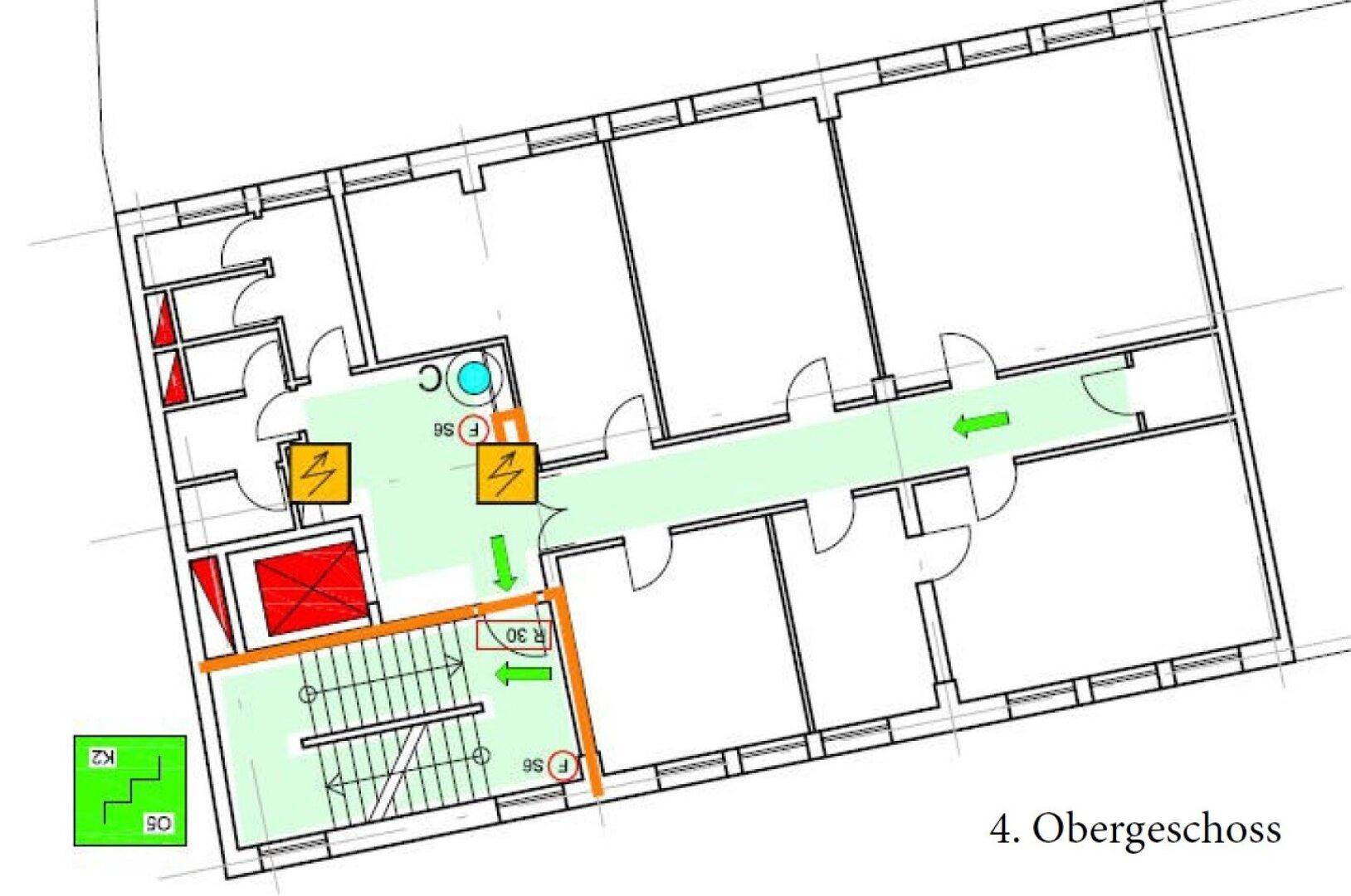 Grundriss des vierten Obergeschosses mit identischer Raumstruktur und Zugang zum Aufzug.