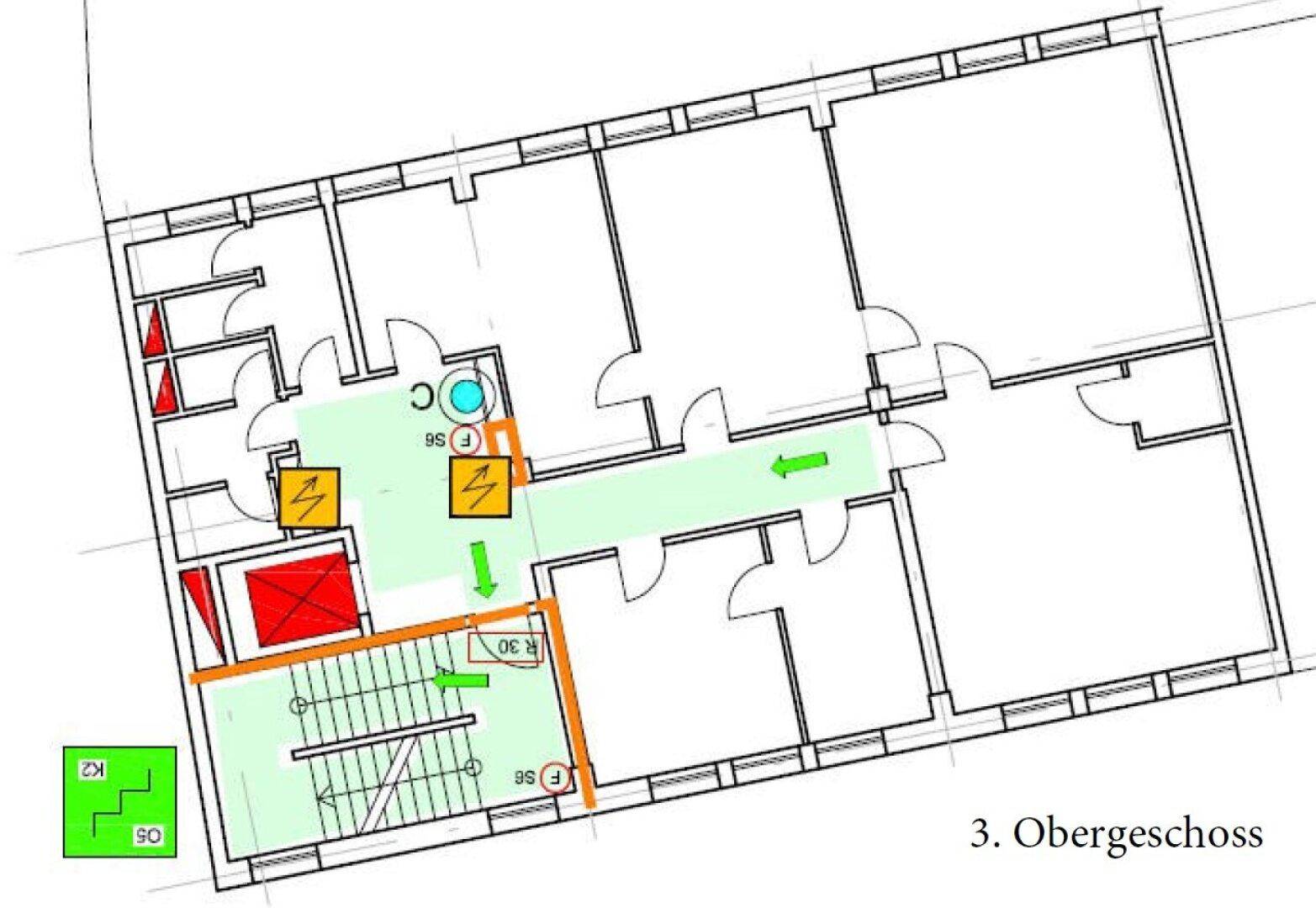 Grundriss des dritten Obergeschosses, der die Anordnung der Büroräume und den Fluchtweg zeigt.