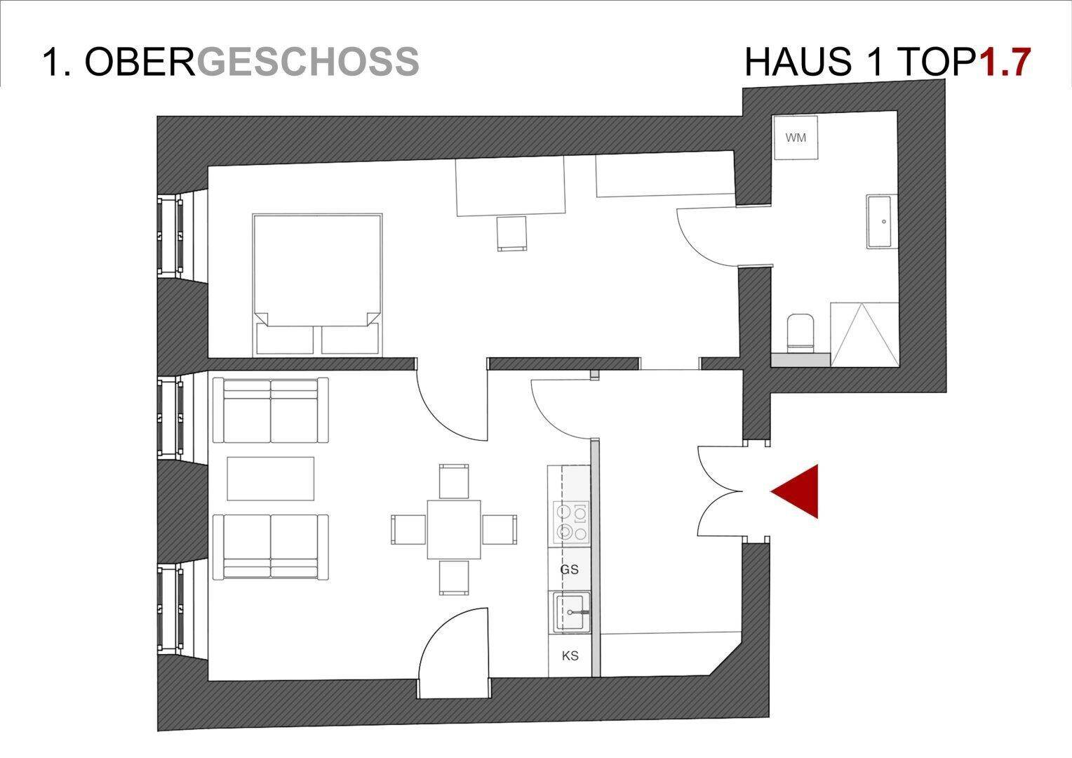 Grundriss des ersten Obergeschosses mit offenem Wohnbereich, Schlafzimmer und Bad.