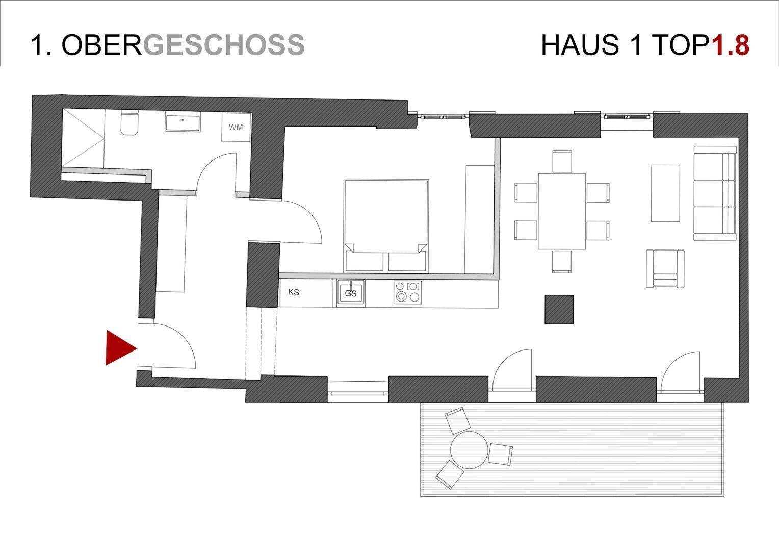 Grundriss des ersten Obergeschosses mit offenem Wohnbereich und Terrasse.