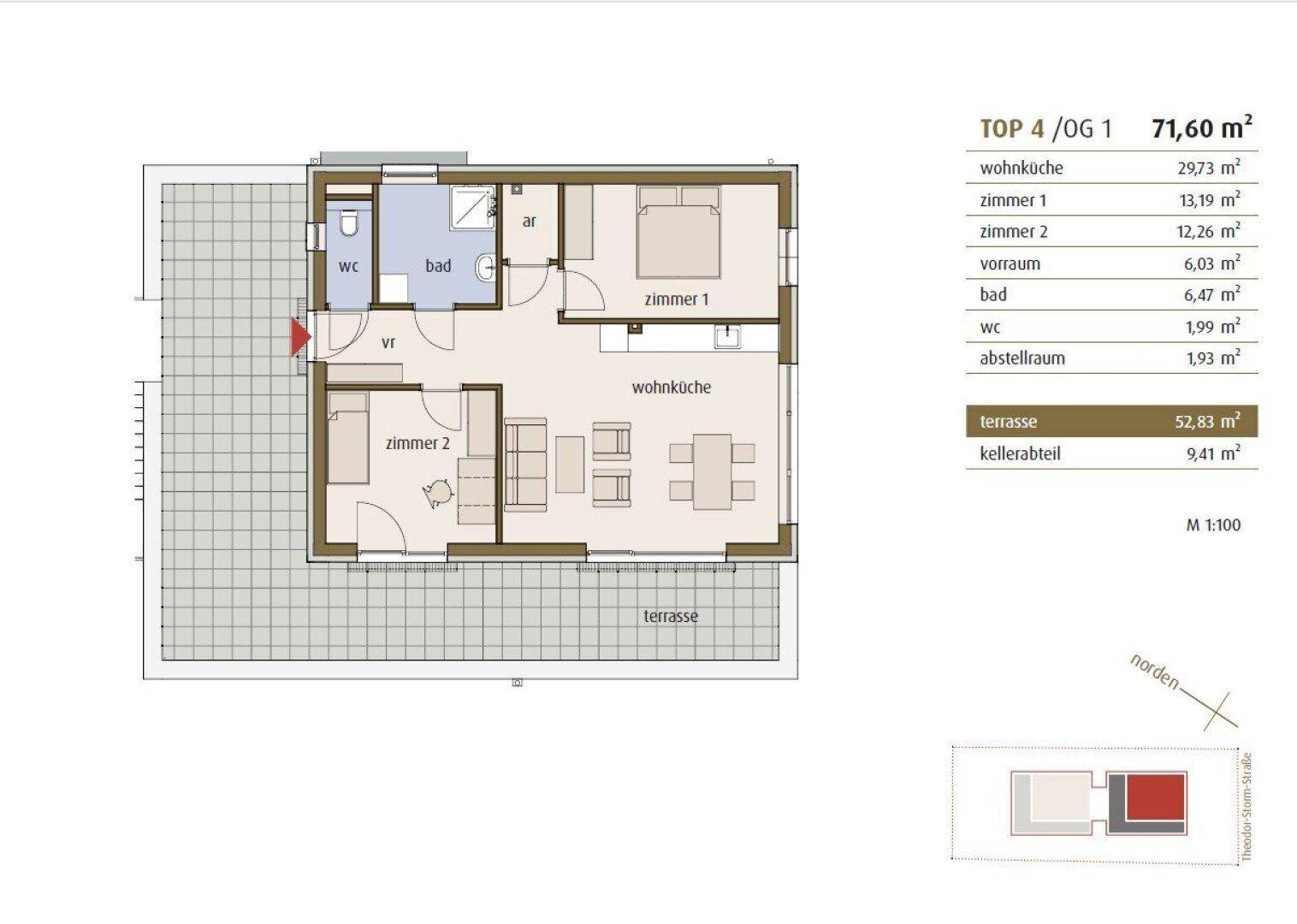 Grundriss der Wohnung TOP 4/OG 1 mit 71,60 m² und großer Terrasse.