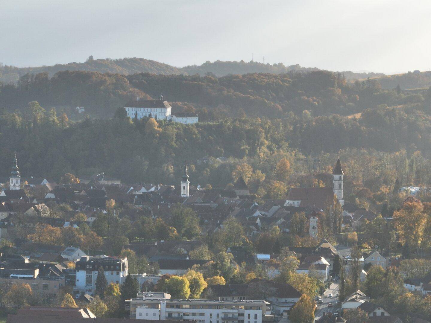 Panoramablick auf eine historische Stadt mit Kirchtürmen und einem Schloss auf einem bewaldeten Hügel.