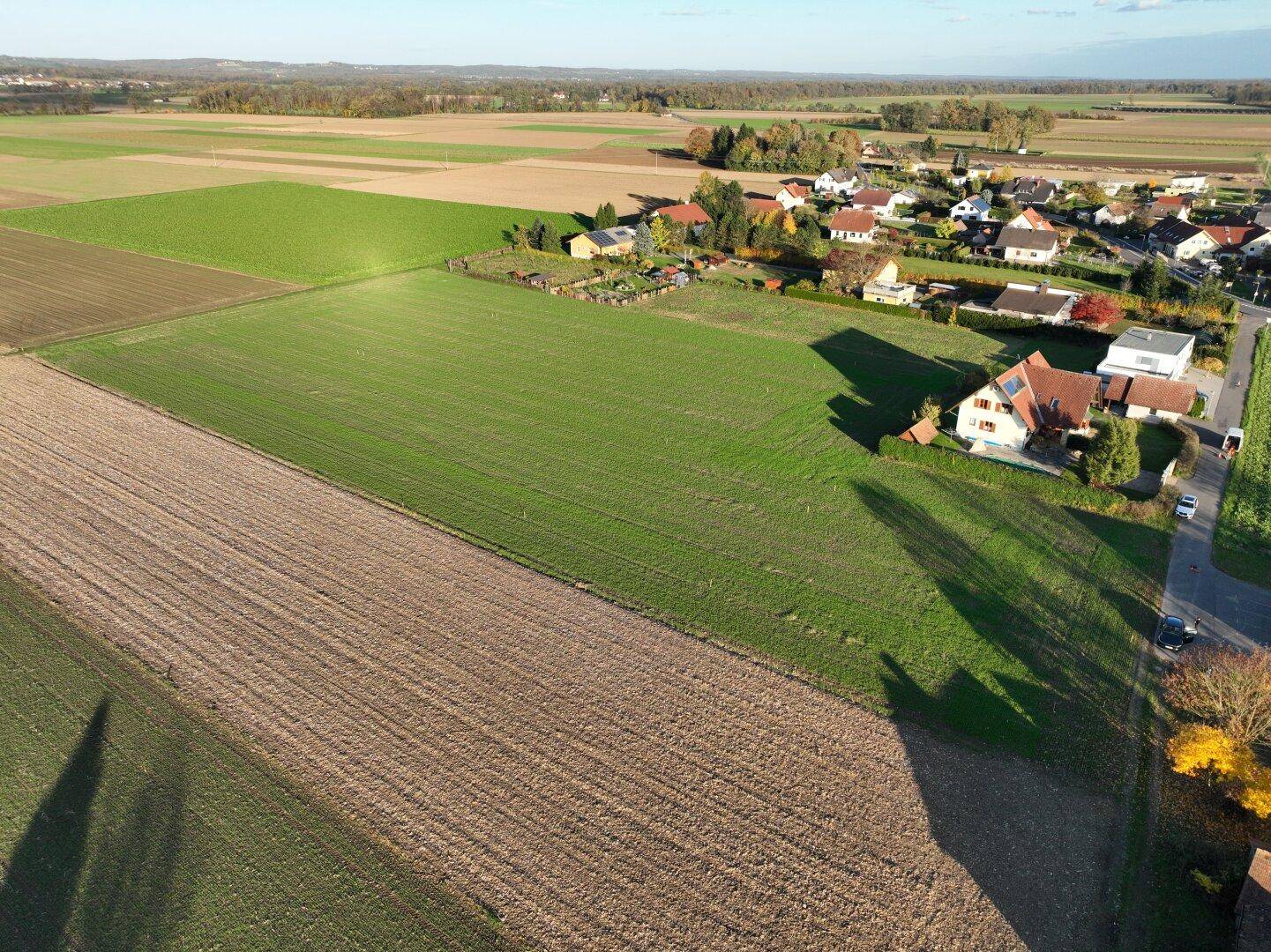 Panoramablick über weite Felder und eine ländliche Siedlung mit einzelnen Häusern.
