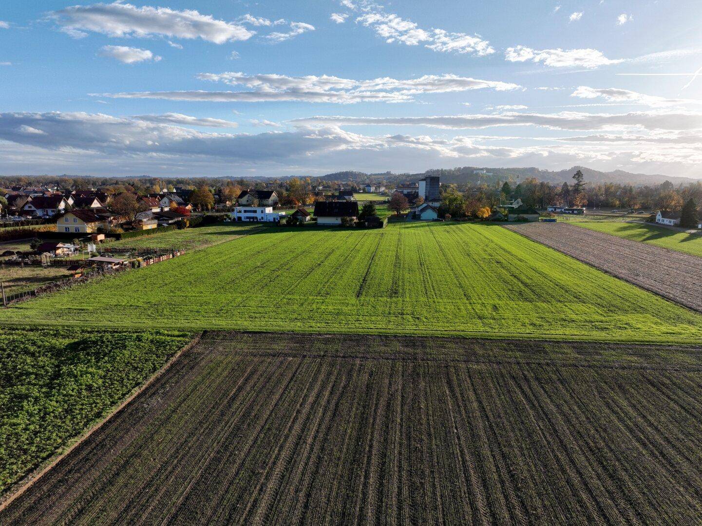 Weitläufige Luftaufnahme von grünen Feldern und Ackerland mit einer Siedlung im Hintergrund bei Sonnenschein.