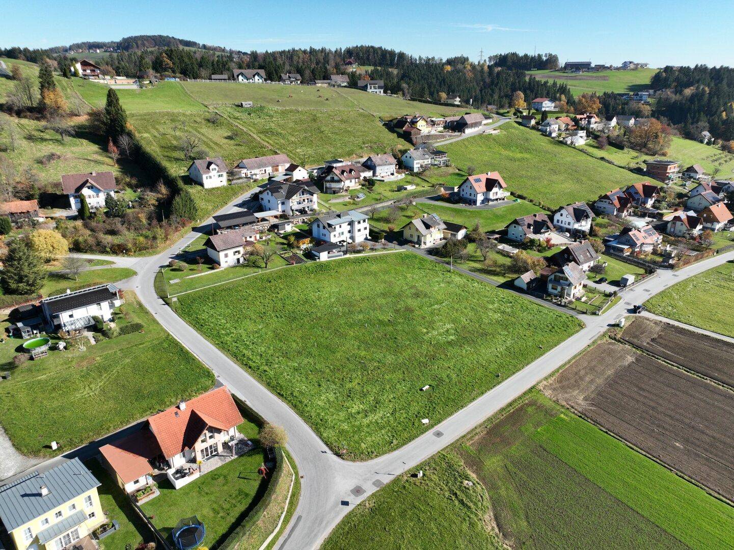 Luftaufnahme eines Wohngebiets mit grünen Wiesen und verstreuten Häusern unter blauem Himmel.