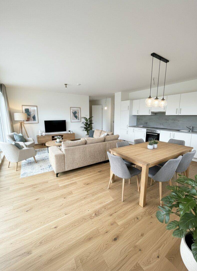 Heller, offener Wohn-Essbereich mit moderner Einbauküche, Holzboden und viel Tageslicht.