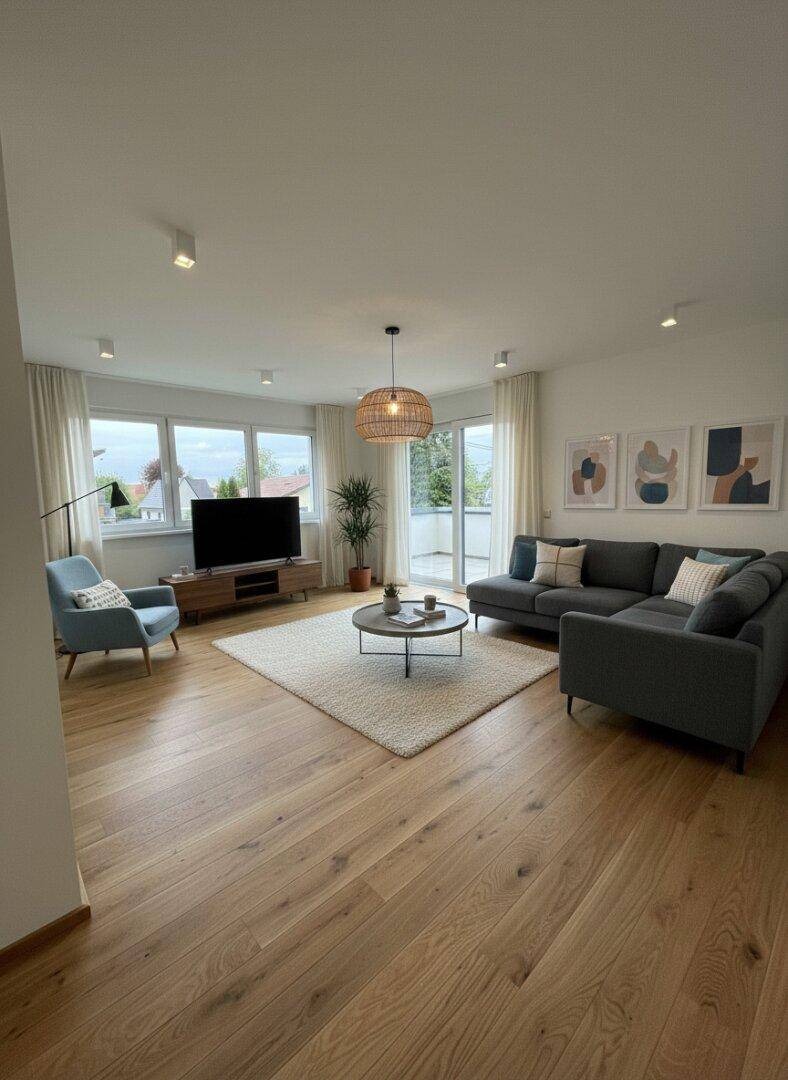 Helles Wohnzimmer mit großzügigen Fenstern, Holzboden und modernem Sofa, ideal für entspannte Abende.