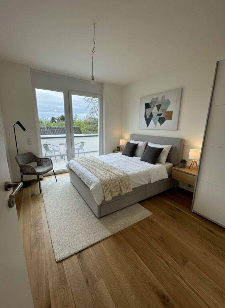 Modernes Schlafzimmer mit Holzboden, Zugang zum Balkon und viel natürlichem Licht.