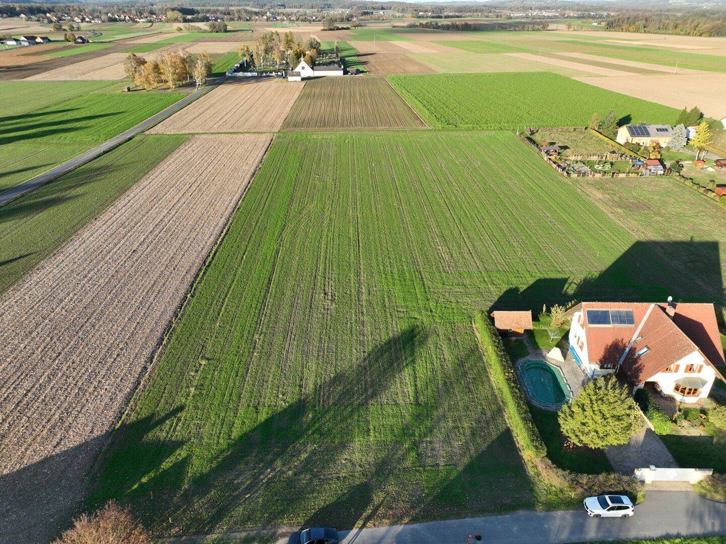 Luftaufnahme von landwirtschaftlichen Flächen und einem Wohnhaus mit Swimmingpool und Garten.