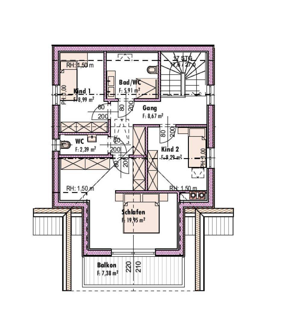 Grundriss des Dachgeschosses mit zwei Kinderzimmern, Schlafzimmer, Bad und Balkon.