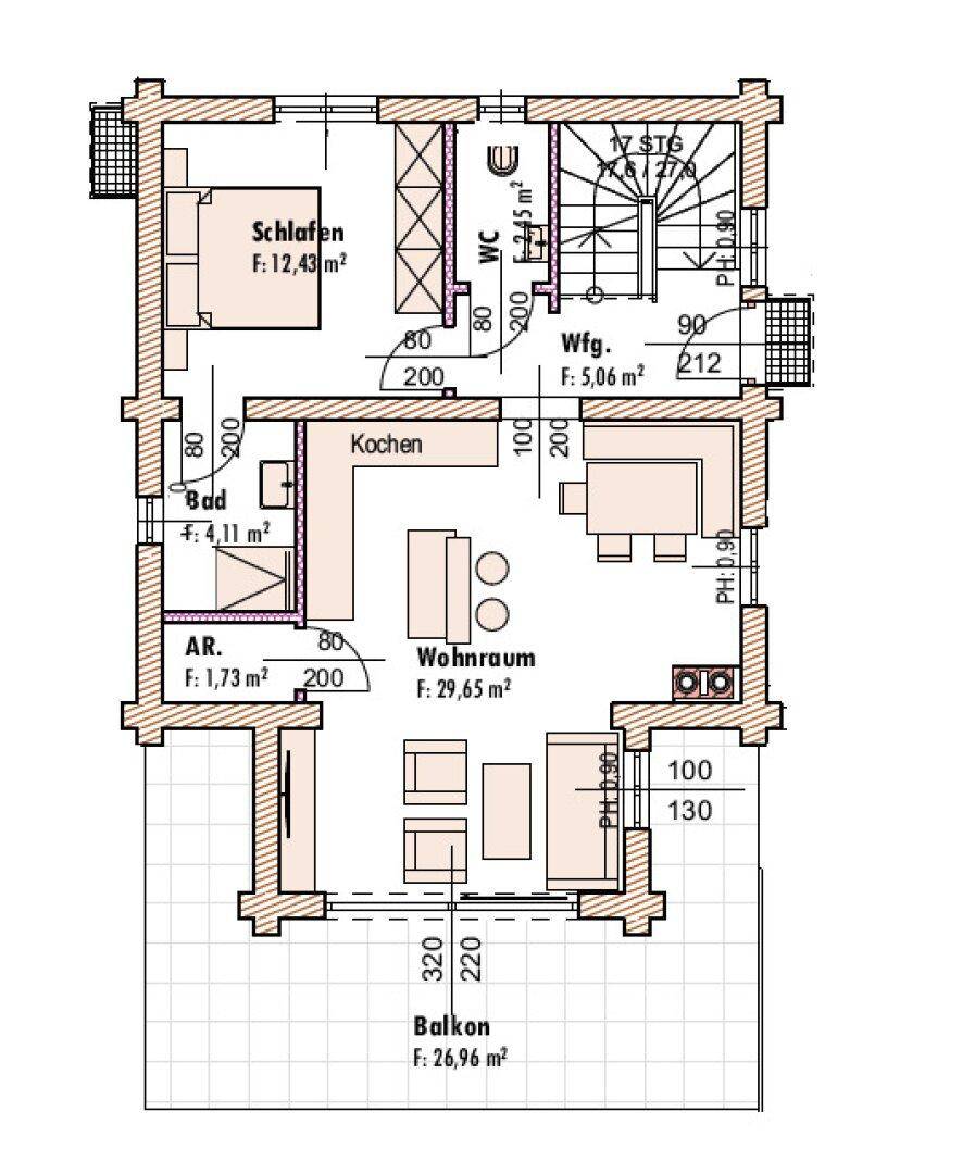 Grundriss des Obergeschosses mit Wohnraum, Küche, Schlafzimmer und großem Balkon.
