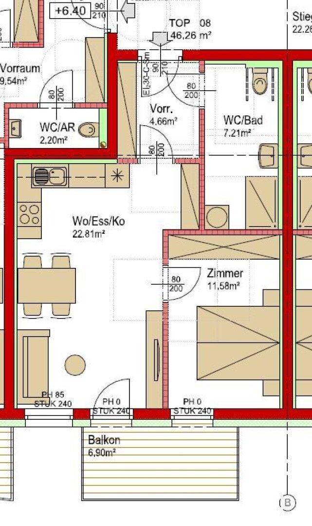 Detaillierter Grundriss einer Wohnung mit Wohn-Ess-Kochbereich und Balkon.