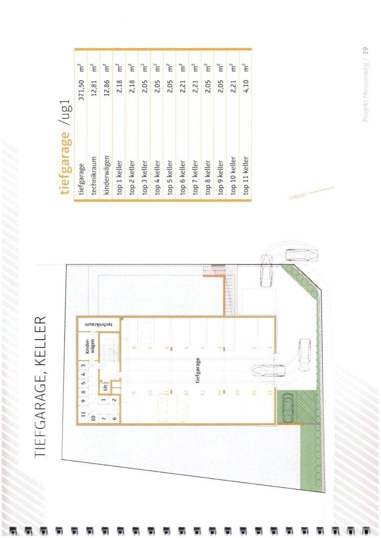 Grundrissplan der Tiefgarage und Kellerräume mit detaillierter Flächenübersicht für jede Einheit.