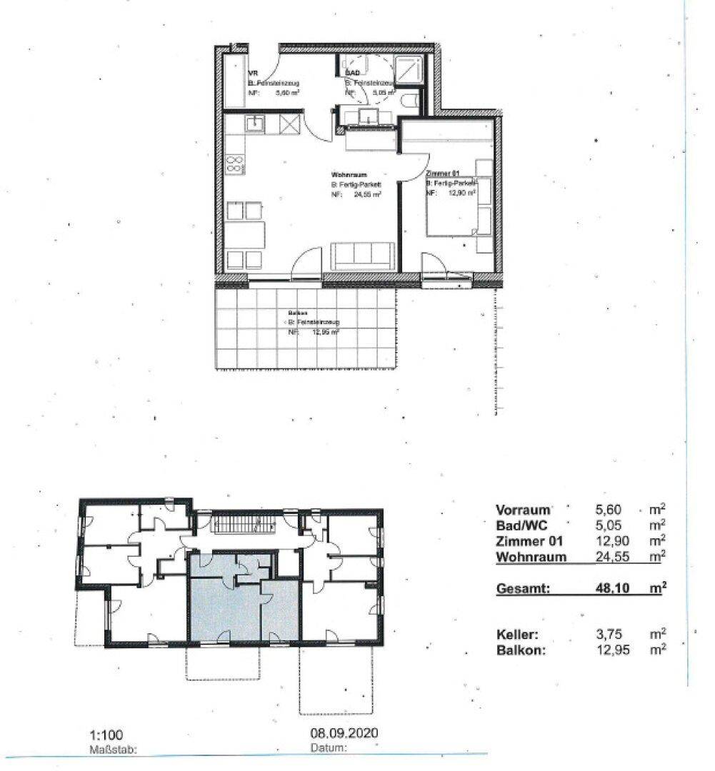 Grundrissplan einer Wohnung mit offenem Wohnbereich, Schlafzimmer, Bad und Balkon.