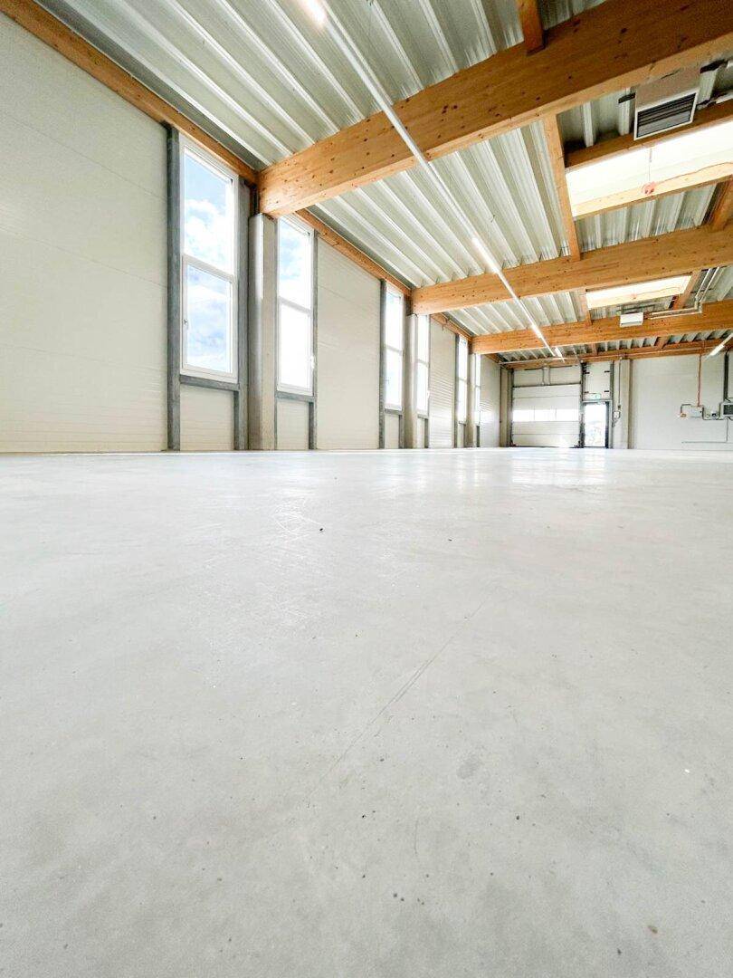 Weitläufige Lagerhalle mit hohen Decken, Holzbalken und großen Fenstern, die für viel Helligkeit sorgen.
