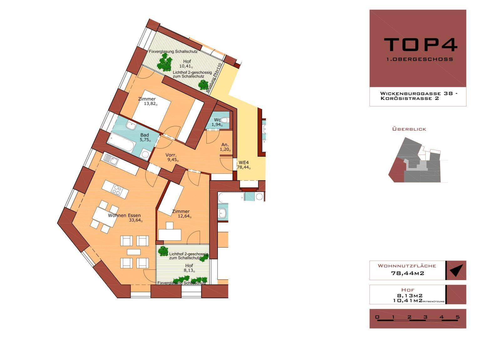 Grundriss der Wohnung TOP 4 im 1. Obergeschoss mit offenem Wohnbereich und zwei Höfen.