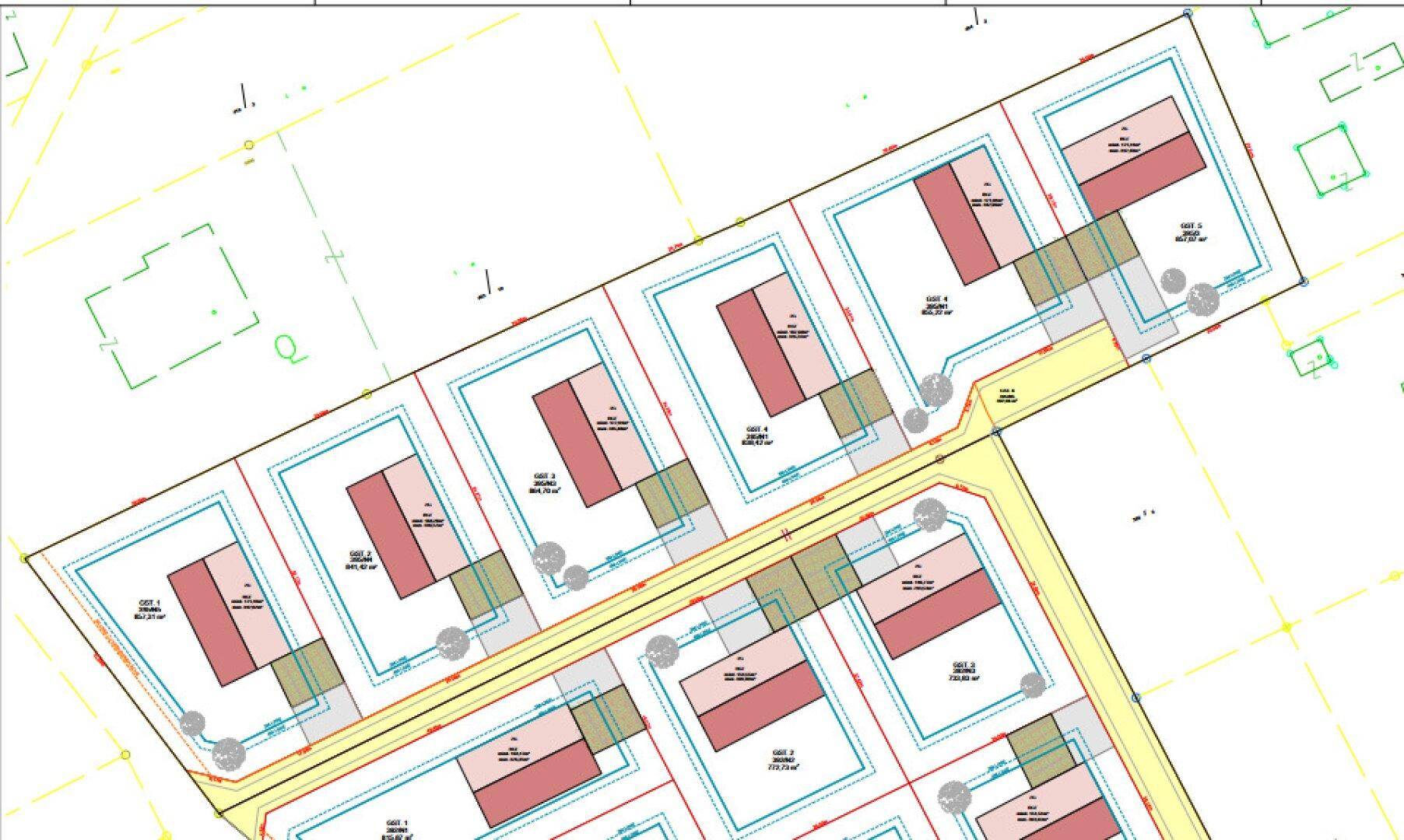 Architektonischer Lageplan mit mehreren Baugrundstücken und den geplanten Gebäudegrundrissen.