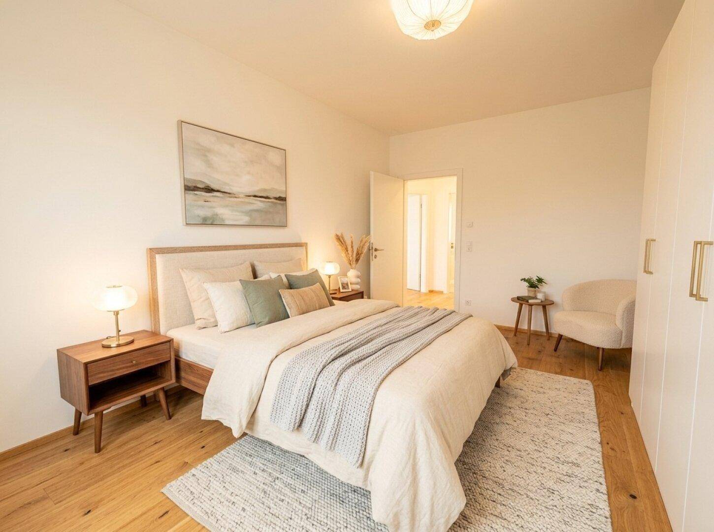 Elegantes Schlafzimmer mit Holzboden, Einbauschränken und stilvoller Dekoration.