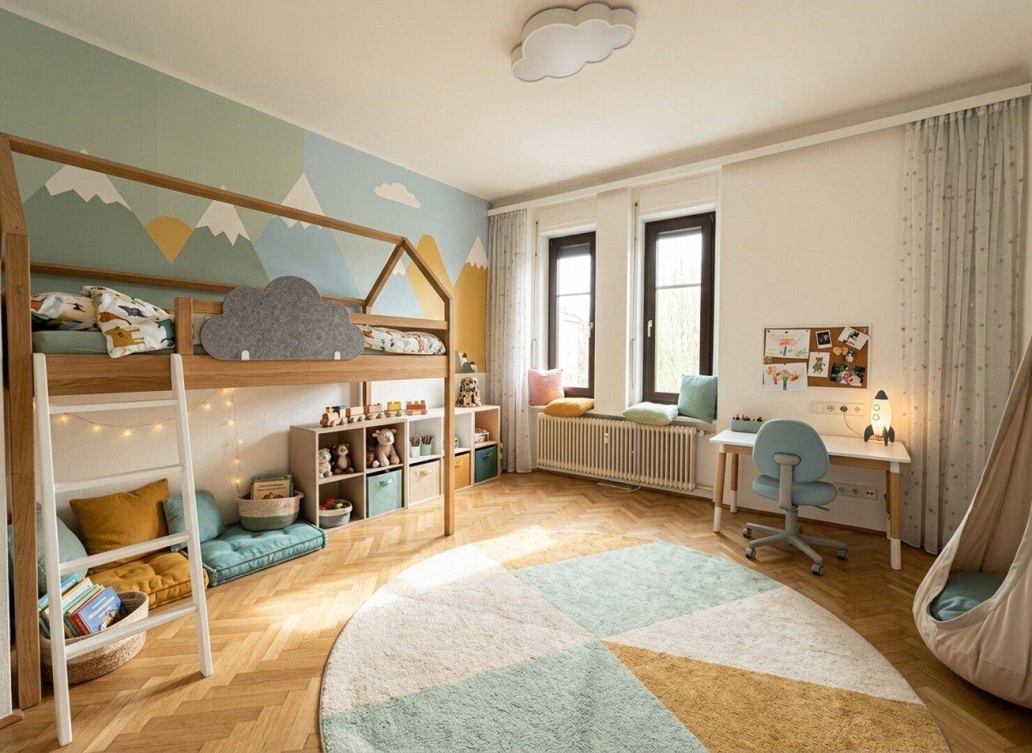 Farbenfrohes Kinderzimmer mit Hochbett, Schreibtisch und spielerischer Wandgestaltung, hell und freundlich.