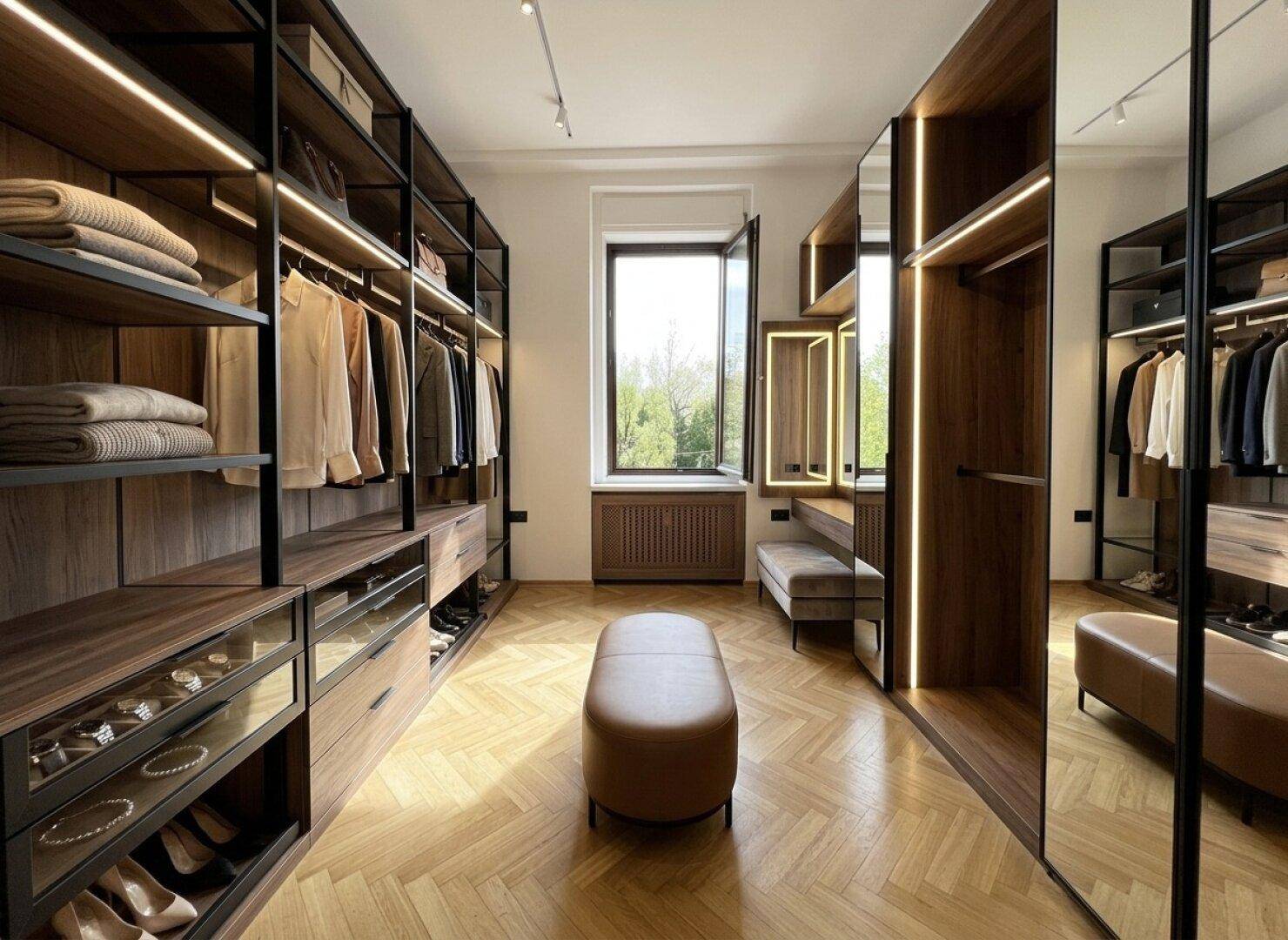 Geräumiger begehbarer Kleiderschrank mit integrierter Beleuchtung und Parkettboden, luxuriös und praktisch.