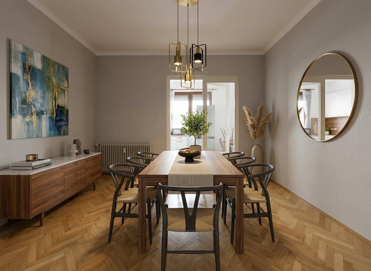 Eleganter Essbereich mit Holztisch, modernen Stühlen und Parkettboden, ideal für gesellige Runden.