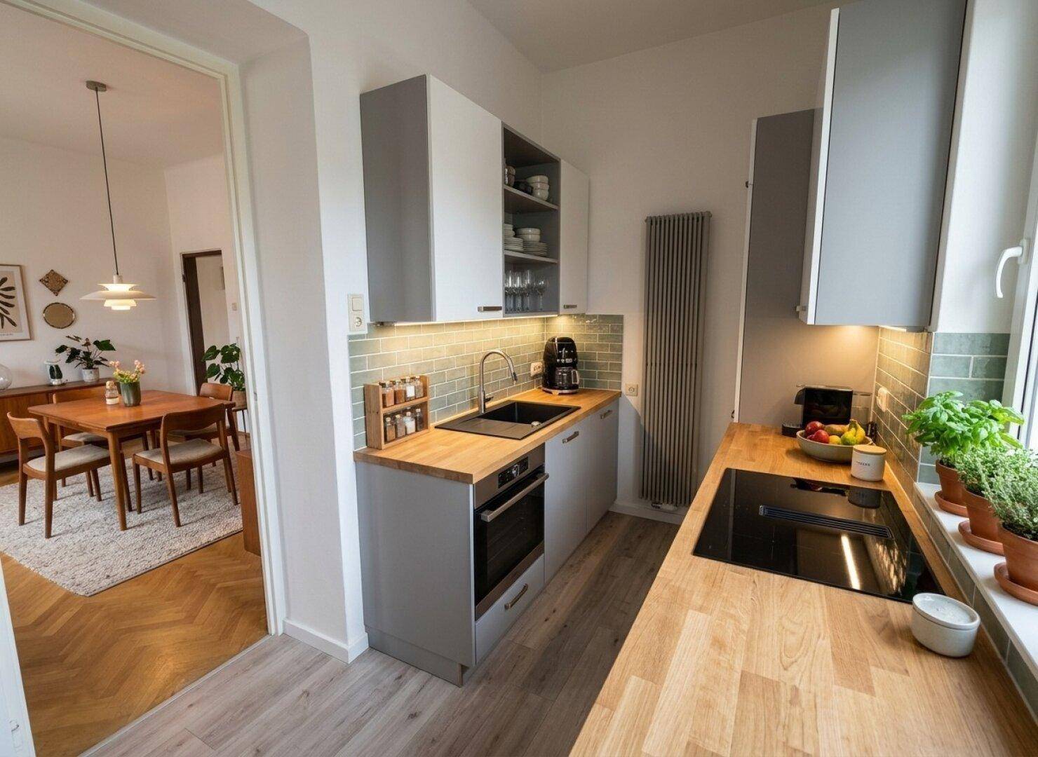 Moderne Küche mit Holz-Arbeitsplatten, grauen Schränken und Blick in den Essbereich, funktional und stilvoll.