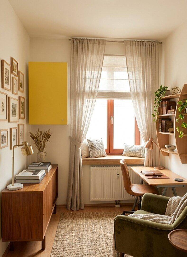 Gemütlicher Arbeitsbereich mit Fensterbank als Sitzgelegenheit, Holzmöbeln und natürlichem Licht.