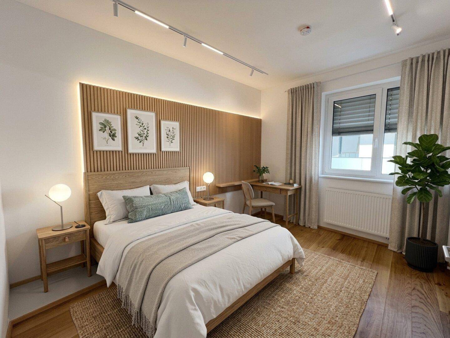 Gemütliches Schlafzimmer mit Holzwandverkleidung, Schreibtisch und großem Fenster.