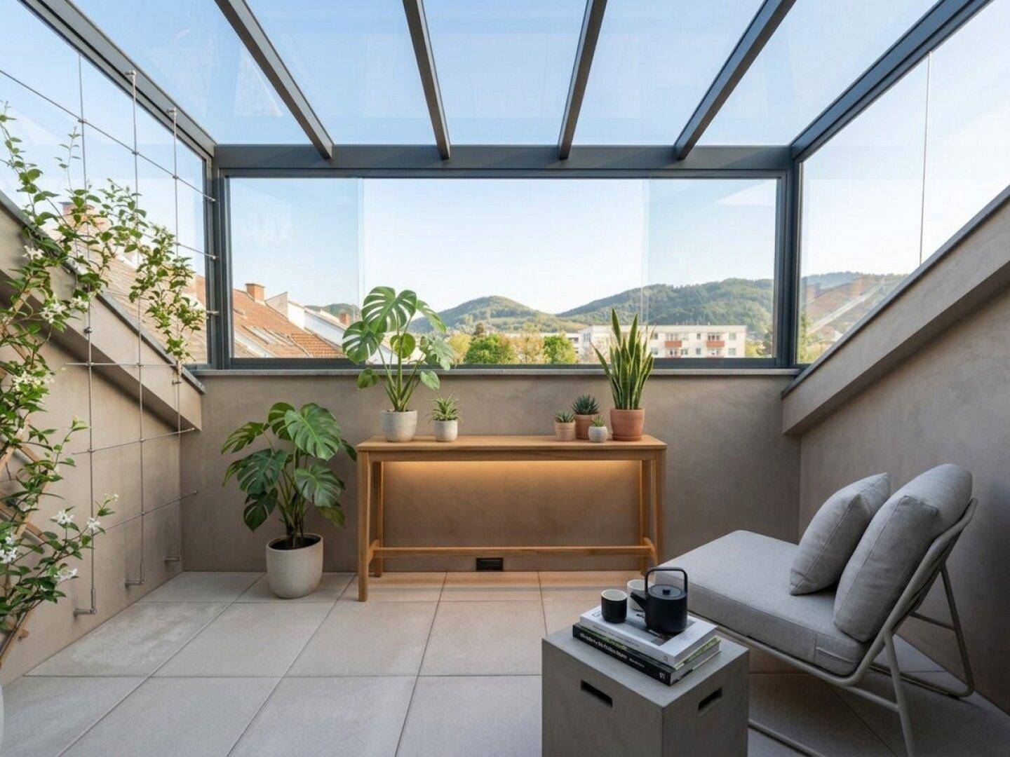Überdachte Terrasse mit Glasdach, Pflanzen und Blick auf die umliegende Landschaft.