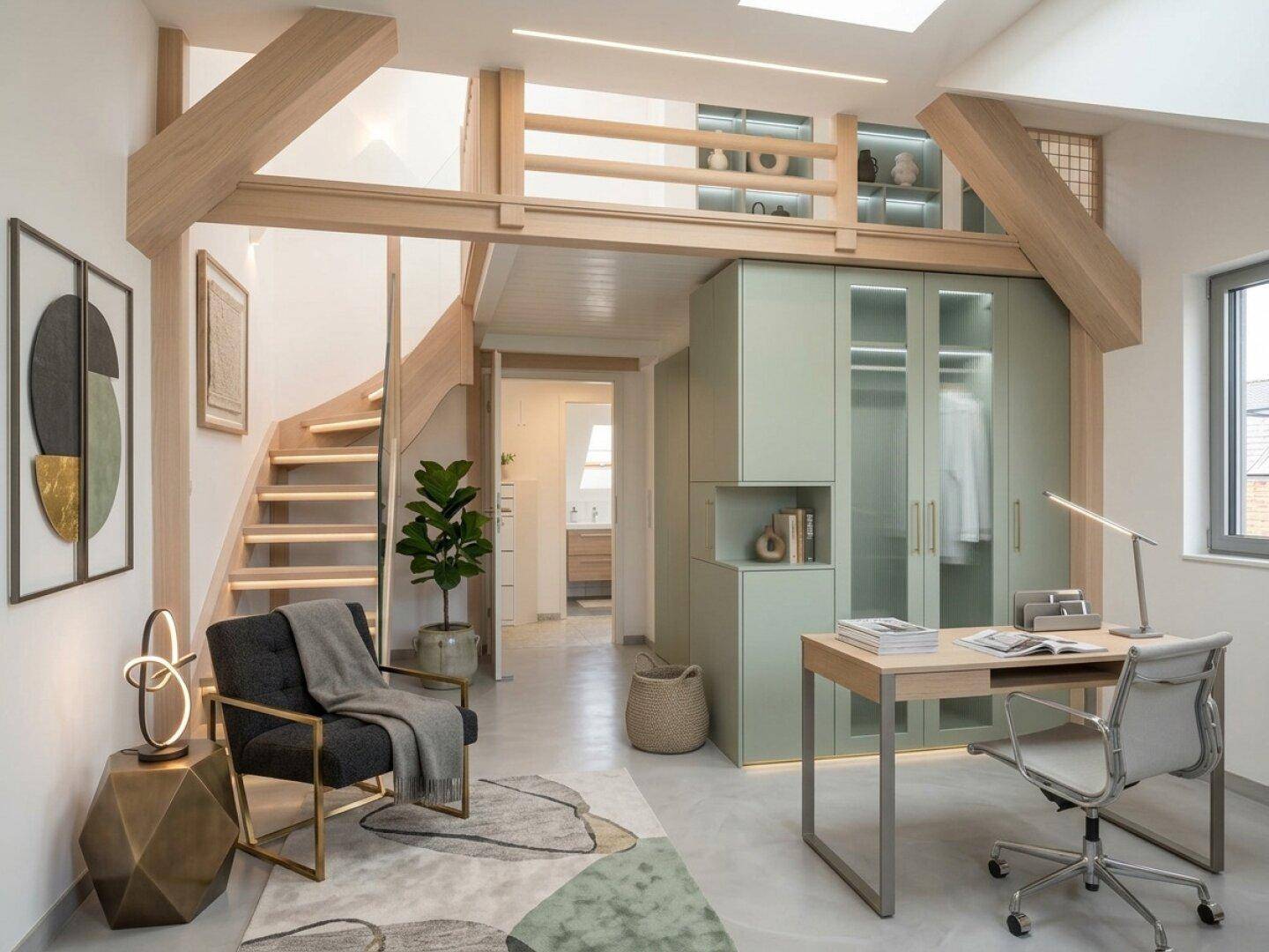 Modernes Arbeitszimmer mit Holztreppe, Einbauschränken und Dachfenster in einem Loft-Stil.